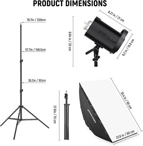 NEEWER 600Ws Studio Monolight Flash Light Kit: 2 Pack S101-300W 5600K الأضواء القوية مع مصابيح النمذجة 150W / Bowens Mount / Softboxes / Stands، عاكس / RT-16 Trigger / حقيبة لمنتج التصوير الفوتوغرافي in Kuwait
