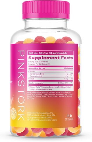 صمغ بروبيوتيك بينك ستورك للحمل وبعد الولادة - غثيان الصباح، الإمساك، توازن الرقم الهيدروجيني، صحة الأمعاء ودعم المناعة - البروبيوتيك للنساء - 60 خالية من السكر، نباتي، 5 مليار وحدة تشكيل مستعمرة in Kuwait