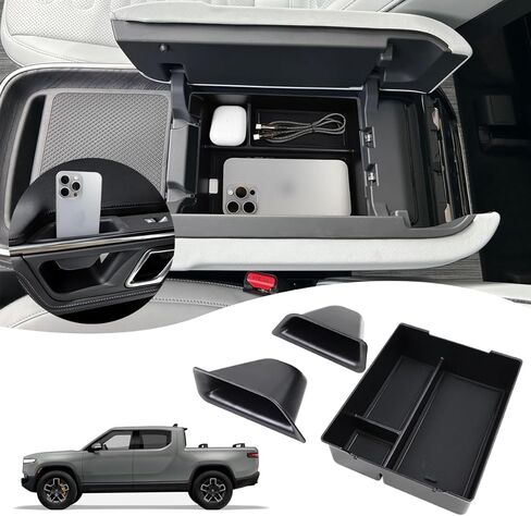 ملحقات Rivian R1T R1S صندوق تخزين وحدة التحكم المركزية السفلية مع حامل أكواب الشرب لـ Rivian R1T R1S 2024 2023 2022 الملحقات الداخلية in Kuwait