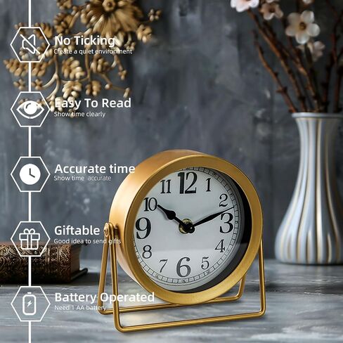 Desk Shelf Clocks,Table Clock,Digital Clock for Living Room,Bedroom,Kids,Bedroom,Silent Non-Ticking Battery Operated,Gold in Saudi Arabia