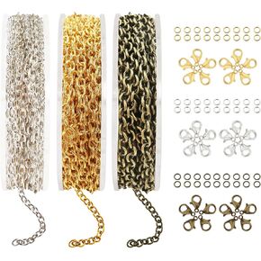 TOAOB 49 Feet Jewelry Making Chains 2mm Necklace Chains 3 Colors Metal Cable Chain Link with 60pcs Lobster Clasps and 90pcs Jump Rings for Jewelry Making DIY Necklace Bracelet Anklet