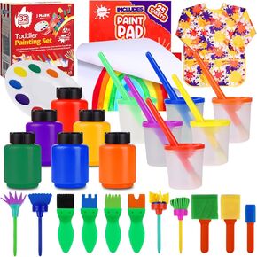 J MARK All Inclusive Toddler Painting Set - Spill Proof Paint Cups, Paint Pad, Brushes, Safe Tempera Toddler Washable Paint, Palette - Toddler Paint Set