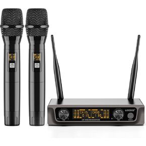 أنظمة ميكروفون لاسلكي مزدوج معدني: مجموعة ميكروفون كاريوكي ديناميكي لاسلكي UHF، اتصال تلقائي - نطاق نقل طويل 200 قدم مع جهاز استقبال للمنزل KTV، حفلة DJ، الكنيسة، الزفاف، الكلام.