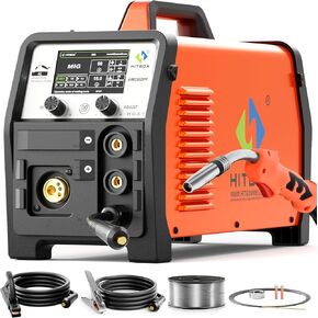ماكينة لحام HITBOX 140A MIG، ماكينة لحام أساسية ذكية التدفق / ARC/LIFT TIG/Spool Gun 4 في 1 آلة لحام MIG مع شاشة LCD تآزر 110 فولت 220 فولت لحام عاكس IGBT مزدوج الجهد