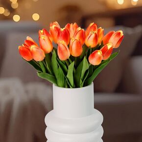 Pre-Lit 20pcs LED Lighted Fake Flowers Artificial Tulips Real Touch Tulip Bouquet 15" Faux Tulips for Easter Decor Spring Decor Mother's Day Home Kitchen Wedding Decorations(Cream)