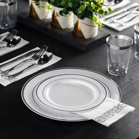 Munfix 100 Gold Plastic Plates Set, 10.25 Inch Plastic Dinner Plates, Fancy Disposable Plates, Heavy Duty Party Plates, Elegant Wedding Plates, White with Gold Rim in Kuwait