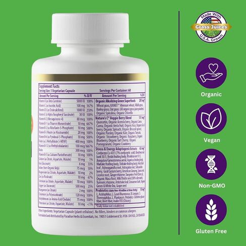 Paradise Herbs - Earth’s Blend® Superfood Multivitamin No Iron - Orac Energy Greens + Nature's C + Minerals + Probiotics + Adaptogens + Herbs | 30 Count in Saudi Arabia