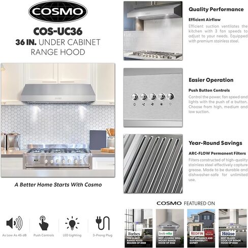 COSMO UMC36 36 in. Ducted Under Cabinet Stainless Steel Range Hood with LED Light, 380 CFM, Permanent Filter, 36 inch in Saudi Arabia