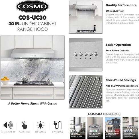 COSMO UC30 30 in. Ducted Under Cabinet Range Hood, Kitchen Over Stove Vent, 3-Speed Fan, Permanent Filters, LED Lights in Stainless Steel, 30 inch in Saudi Arabia