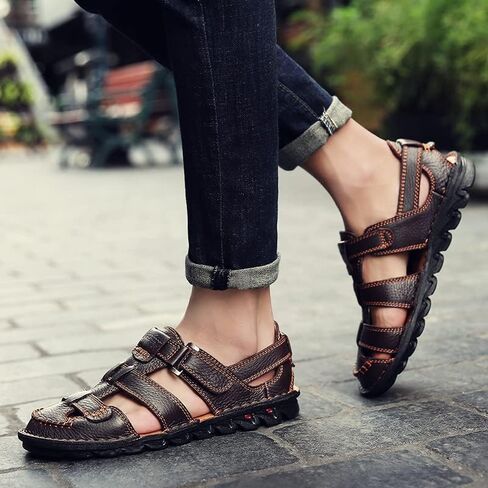 ZHNSHM Mens Summer Casual Closed Toe Leather Sandals Outdoor Fisherman Adjustable Beach Shoes in Kuwait