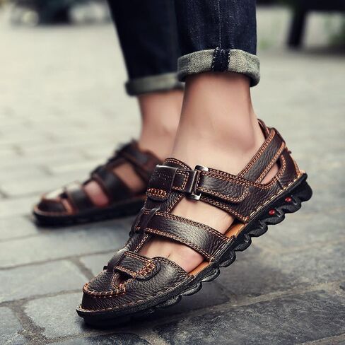 ZHNSHM Mens Summer Casual Closed Toe Leather Sandals Outdoor Fisherman Adjustable Beach Shoes in Kuwait