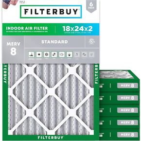 Filterbuy 18x24x2 Air Filter MERV 8 Dust Defense (6-Pack), Pleated HVAC AC Furnace Air Filters Replacement (Actual Size: 17.38 x 23.38 x 1.75 Inches)