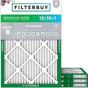 Filterbuy 12x16x1 فلتر هواء MERV 8 دفاع عن الغبار (4 عبوات)، استبدال مرشحات هواء فرن HVAC AC المطوية (الحجم الفعلي: 11.50 × 15.50 × 0.75 بوصة)