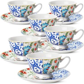 BTaT- Tea Cups, Tea Cups and Saucers Set of 6, Tea Set, Floral Tea Cups (8oz), Tea Cups and Saucers Set, Tea Set, Porcelain Tea Cups, Tea Cups for Tea Party, Rose Teacups, China Tea Cups (Bone China)