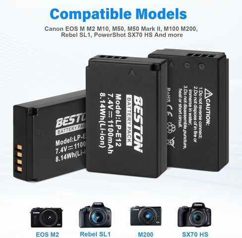 حزمة بطارية LP-E12 من BESTON وشاحن USB سريع لكاميرات Canon EOS M M2 M10، M50، M50 Mark II، M100 M200، Rebel SL1، PowerShot SX70 HS in Saudi Arabia