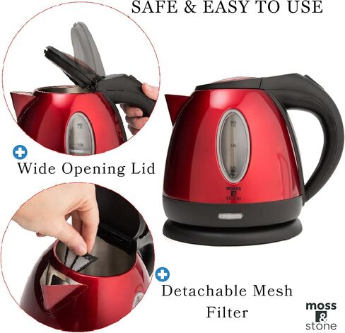 Moss & Stone Red Stainless Steel Electric Kettle, 1.2L Cordless 1500W | Small, portable hot water tea kettle, fast boiling pot, boil-dry protection, auto shut-off, blue Illuminate LED light in Kuwait