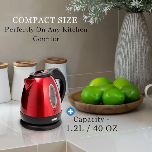 Moss & Stone Red Stainless Steel Electric Kettle, 1.2L Cordless 1500W | Small, portable hot water tea kettle, fast boiling pot, boil-dry protection, auto shut-off, blue Illuminate LED light in Kuwait