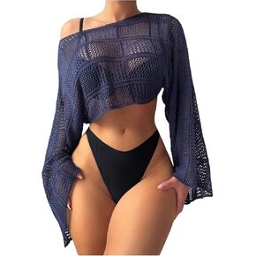 ملابس سباحة نسائية من COZYEASE ذات فتحة مفرغة لتغطية الرقبة على شكل قارب وأكمام طويلة من الكروشيه الشفاف