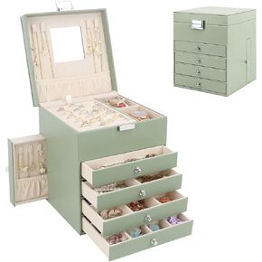 DesignSter Jewelry Organizer Box, 5 Layers Jewelry Box with side compartment, Large Leather Jewelry Storage Case With Mirror For Necklaces Earrings Rings Bracelets Watches (Pink)