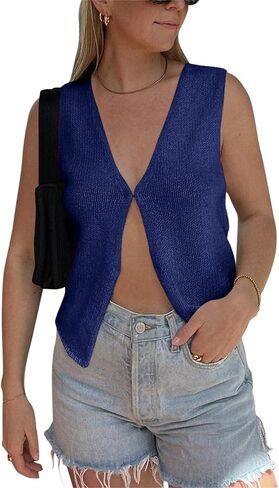 BZB Sweater Tank Tops for Women 2024 Summer Basic V Neck Crochet Knit Vest Sexy Button Casual Y2k Sweater Sleeveless Top in Saudi Arabia