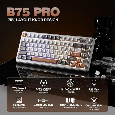 YUNZII B75 PRO لوحة مفاتيح ميكانيكية لاسلكية بنسبة 75% (أخضر ماتشا، كاكاو V2) in Kuwait