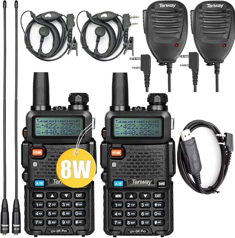 راديو Ham Radio Walkie Talkie UV-5R Pro 8W ثنائي النطاق ثنائي الاتجاه مع بطارية 3800 مللي أمبير في الساعة ومكبر صوت محمول وميكروفون وهوائي 2 حزمة وكابل برمجة USB واحد in Kuwait