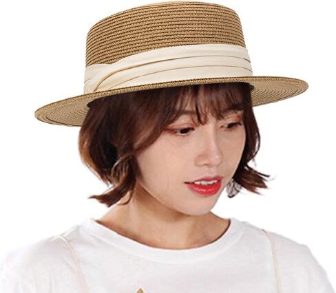 Women Beach Straw Sun Hat - Summer Classic Boater Sun Hat Panama Short Brim Fedora for Party Travel(S/M) in Saudi Arabia