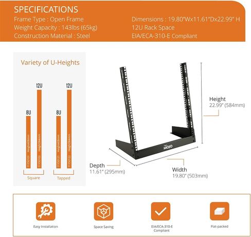 Tecmojo 2 Post 8U Desktop Sever Rack Small Open Frame Rack for 19 inch AV/Data/Audio/Studio Equipment Free Standing Home/Office Rack,Tapped Hole, Black in Kuwait