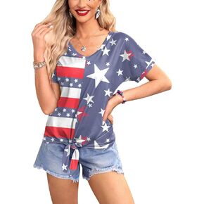 For G and PL Women's 4th of July American Flag Short Sleeve Tie Front Shirt