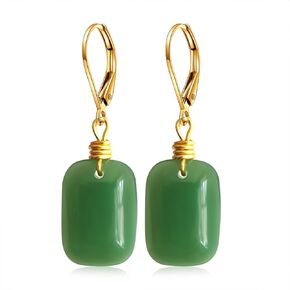 Natural Dark Green Jade Stone Drop Earrings,14K Gold Plated Dainty Real Geometric Gemstone Dangle Earrings,Geometry Genuine Quartz Crystal Earrings for Women (B01_Dark Green Jade)