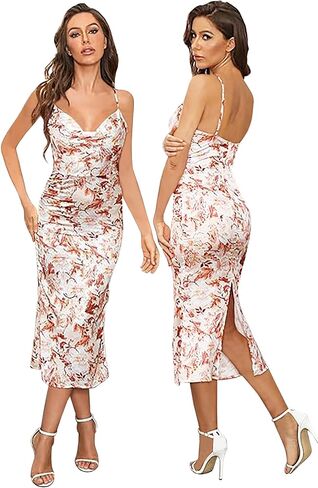 Women's Sleeveless Spaghetti Strap Satin Wedding Guest Party Dress Cocktail Evening Cowl Neck Backless Midi Formal Dresses in Kuwait