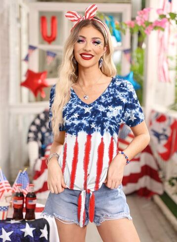 قميص نسائي من G and PL بأكمام قصيرة وربطة أمامية بعلم أمريكا في الرابع من يوليو in Kuwait