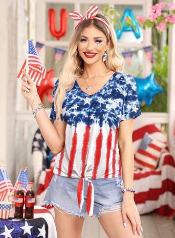 قميص نسائي من G and PL بأكمام قصيرة وربطة أمامية بعلم أمريكا في الرابع من يوليو in Kuwait
