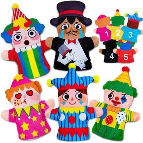 ARASTTA Puppets for Kids Circus Hand Puppets 5-Piece Set, Puppets for Toddlers 1-3, Different Textures Baby Sensory Toys,Suitable for Puppet Shows,Therapy Toys（The Magician and The Clown）