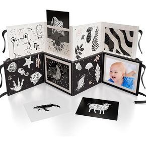 Soft Tummy Time Book w/ Stimulating Baby Safe Mirror - Fun High Contrast Montessori Toy w/ Crinkle Filling & 10 Double Sided Cards - Perfect Black & White Toy For Safe Early Newborn/Infant Development