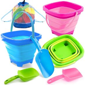 Sloosh 3 Packs Foldable Bucket - Collapsible Bucket with Sand Shovels and Mesh Backpack for Kids Toddlers Beach Toys, Easter Egg Hunt, Camping, Travelling and Fishing Water Pail (Pink/Purple/Green)