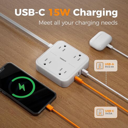 قطاع طاقة للحماية من زيادة التيار بطول 10 أقدام، قابس مسطح لسلك تمديد TESSAN مع موسع 4 منافذ واسعة، محطة شحن مكتبية داخلية مع حماية من زيادة التيار للمنزل واللوازم المكتبية وأساسيات غرفة النوم in Kuwait