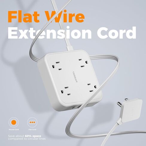 قطاع طاقة للحماية من زيادة التيار بطول 10 أقدام، قابس مسطح لسلك تمديد TESSAN مع موسع 4 منافذ واسعة، محطة شحن مكتبية داخلية مع حماية من زيادة التيار للمنزل واللوازم المكتبية وأساسيات غرفة النوم in Kuwait
