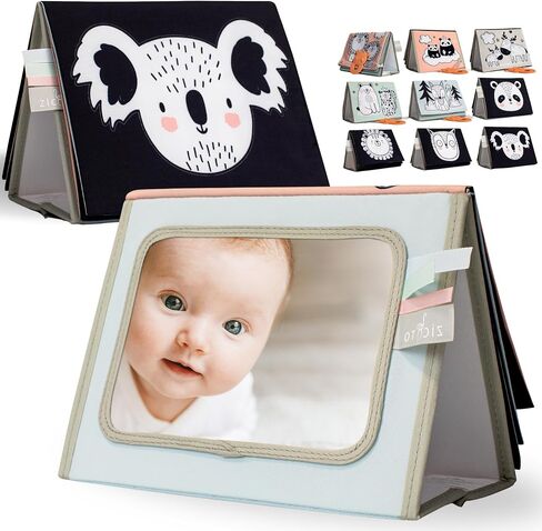 Soft Tummy Time Book w/ Stimulating Baby Safe Mirror - Fun High Contrast Montessori Toy w/ Crinkle Filling & 10 Double Sided Cards - Perfect Black & White Toy For Safe Early Newborn/Infant Development in Saudi Arabia