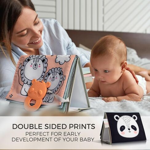 Soft Tummy Time Book w/ Stimulating Baby Safe Mirror - Fun High Contrast Montessori Toy w/ Crinkle Filling & 10 Double Sided Cards - Perfect Black & White Toy For Safe Early Newborn/Infant Development in Saudi Arabia