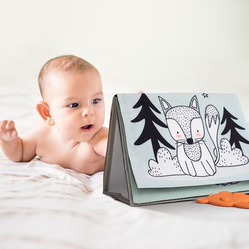 Soft Tummy Time Book w/ Stimulating Baby Safe Mirror - Fun High Contrast Montessori Toy w/ Crinkle Filling & 10 Double Sided Cards - Perfect Black & White Toy For Safe Early Newborn/Infant Development in Saudi Arabia