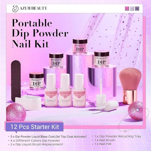 AZUREBEAUTY 12 قطعة من مجموعة مسحوق الأظافر، للربيع والصيف والأبيض والأزرق الداكن اللامع 4 ألوان من الأكريليك مسحوق غمس قاعدة منشط ومعطف علوي لفن الأظافر الفرنسي هدية DIY للنساء in Kuwait