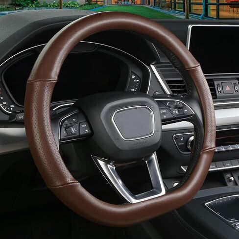 Cxtiy D Shaped Steering Wheel Cover, Genuine Leather Flat Bottom Stearing Wheel Cover Luxury Car Accessories 14 1/2-15 Inch (Beige) in Saudi Arabia
