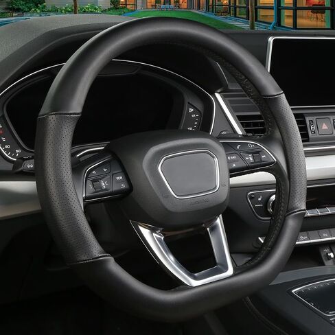 Cxtiy D Shaped Steering Wheel Cover, Genuine Leather Flat Bottom Stearing Wheel Cover Luxury Car Accessories 14 1/2-15 Inch (Beige) in Saudi Arabia