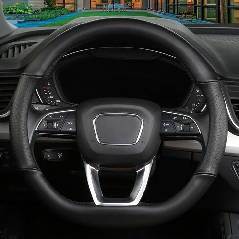 Cxtiy D Shaped Steering Wheel Cover, Genuine Leather Flat Bottom Stearing Wheel Cover Luxury Car Accessories 14 1/2-15 Inch (Beige) in Saudi Arabia