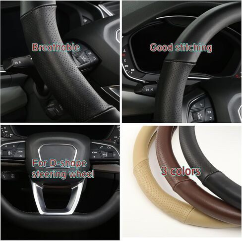 Cxtiy D Shaped Steering Wheel Cover, Genuine Leather Flat Bottom Stearing Wheel Cover Luxury Car Accessories 14 1/2-15 Inch (Beige) in Saudi Arabia