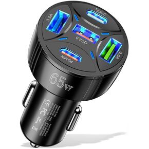 65W 5 Ports Car Charger USB Adapter, Type C PD30W &QC3.0 Fast Charging Car Cigarette Lighter USB Charger for iPhone/Android/Samsung/iPad Pro, and More (Black)