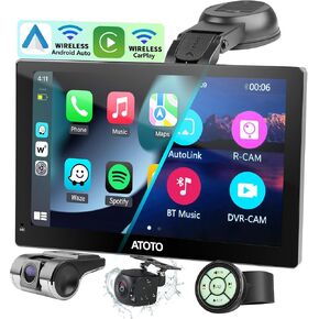 Portable Car Stereo with Wireless CarPlay & Android Auto, 9 Inch QLED CarPlay Touch Screen for Car, Auto-Dimmer, Carplay Radio with SWC, Bluetooth, Navigation, Mirror Link, AUX/FM Output