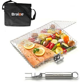 BRAIZE Grill Basket with REMOVABLE HANDLE, fish grill basket - Grill accessories for outdoor grill, cooking accessories, bbq accessories for outdoor grill. Grilling accessories grilling basket bbq set camping cooking gear outdoor accessories.