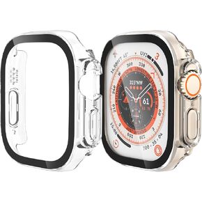 حافظة YMHML مكونة من قطعتين متوافقة مع واقي شاشة Apple Watch Ultra 49 مم، غطاء صلب جديد من البولي كربونات مدمج بطبقة من الزجاج المقوى للحماية العسكرية لساعة Apple Watch Ultra، أسود
